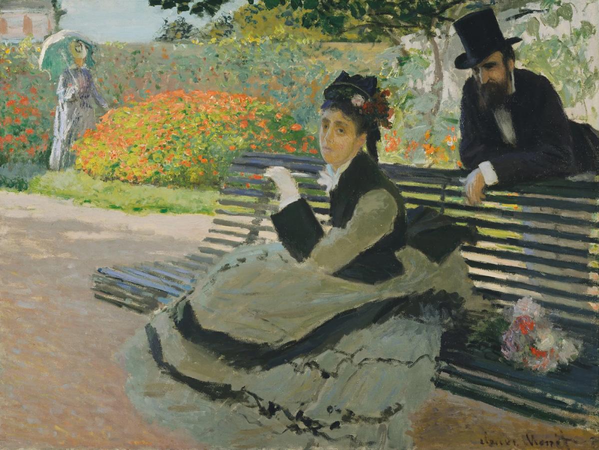 Camille Monet assise sur un banc de jardin (1873)